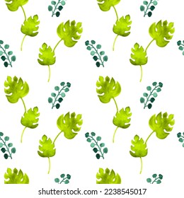 Seamless Pattern with watercolor branches, leaves. For printing wrapping paper, wallpaper, packaging, fabric. Hand Drawn vector illustration.