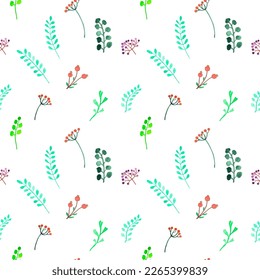Seamless Pattern with watercolor branches, leaves and berries. For printing wrapping paper, wallpaper, packaging, fabric. Hand Drawn vector illustration.