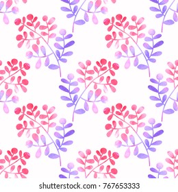 Seamless pattern watercolor branches with leaves and berries