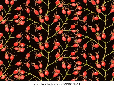 Seamless pattern with watercolor brier berries on the black background
