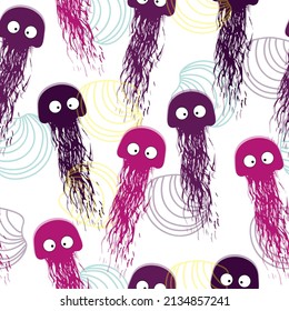 seamless pattern of watercolor bubbles and jellyfish on a purple background, hand drawing Sea life pattern.