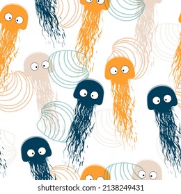 seamless pattern of watercolor bubbles and jellyfish on an isolated white background, hand drawing, sea inhabitants  Vector flat illustrations and icon set
