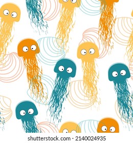 seamless pattern of watercolor bubbles and jellyfish on a purple background, hand drawing Ocean fauna in quartz and serenity colors on white background