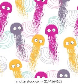 seamless pattern of watercolor bubbles and jellyfish on an isolated white background, hand drawing, sea inhabitants  Vector flat illustrations and icon set
