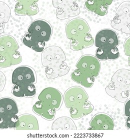 seamless pattern of watercolor bubbles and jellyfish on an isolated white background, hand drawing, sea inhabitants
