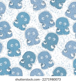 seamless pattern of watercolor bubbles and jellyfish on an isolated white background, hand drawing, sea inhabitants