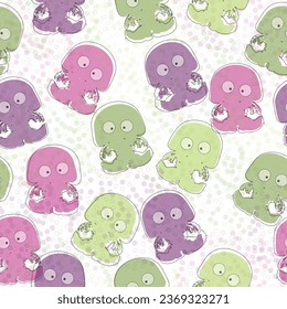 seamless pattern of watercolor bubbles and jellyfish on an isolated white background, hand drawing, sea inhabitants