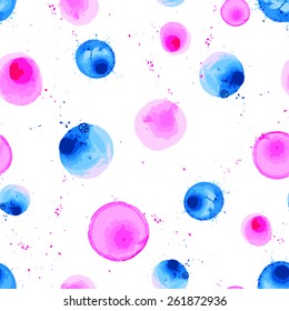 Seamless pattern with watercolor bubbles and spray paint. Modern hand drawn watercolor background. Watercolor blobs background.