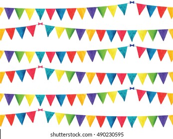 Seamless Pattern With Watercolor Bunting, Carnival Garlands Of Flags