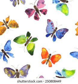 Seamless pattern of watercolor butterflies on white background. Hand-drawn texture,  vector 