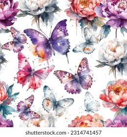 Seamless pattern of watercolor butterflies. Vector illustration