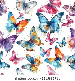 Seamless pattern of watercolor butterflies. Vector illustration