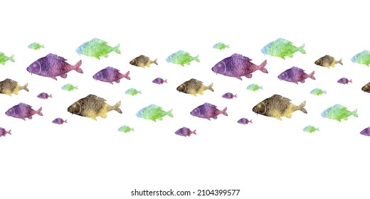 Seamless pattern with watercolor carp fish isolated on white background. Border template for printing wrapping paper, packaging, fabric. Hand Drawn vector illustration.
