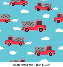 Seamless pattern with watercolor cartoon red trucks.