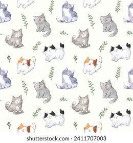 Seamless Pattern of Watercolor Cat and Leaf Design on Light Yellow Background