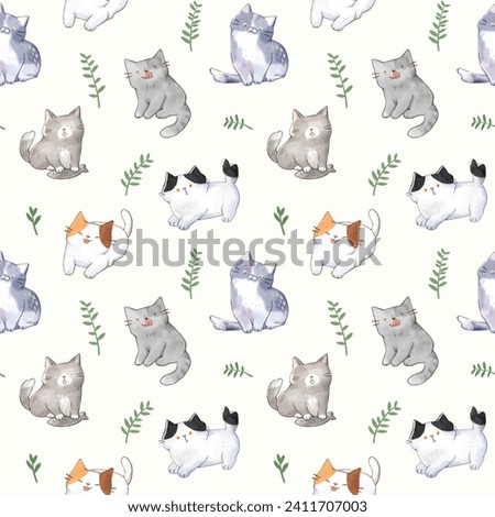 Seamless Pattern of Watercolor Cat and Leaf Design on Light Yellow Background
