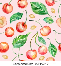 Seamless pattern. Watercolor cherries with leaves and seeds. Summer berries
