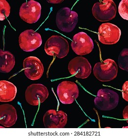 Seamless pattern with watercolor cherries on black background,