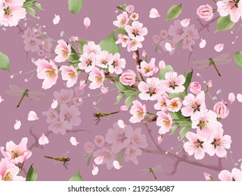 seamless pattern watercolor cherry blossom and dragonfly