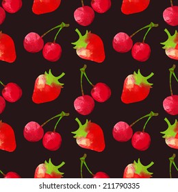 Seamless pattern with watercolor cherry and strawberry. Fruits, berries. Repeating print background texture. Fabric design. Wallpaper - vector 