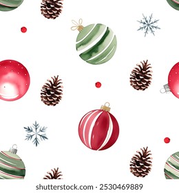 Seamless pattern with watercolor christmas balls and pine cone. Hand drawn christmas ornament, background. 