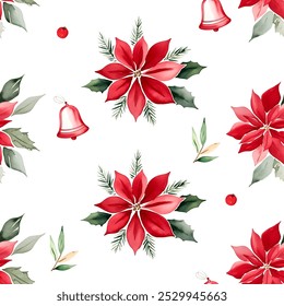 Seamless pattern with watercolor christmas flower and bell. Hand drawn ornament. Winter background. 