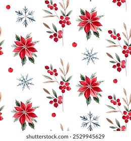 Seamless pattern with watercolor christmas flowers snowflakes and winter berries. Hand drawn botanical ornament.