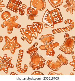 Seamless pattern of watercolor Christmas gingerbread cookies. Vector illustration