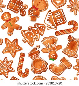 Seamless pattern of watercolor Christmas gingerbread cookies. Vector illustration