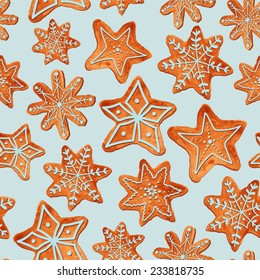 Seamless pattern of watercolor Christmas gingerbread cookies. Vector illustration