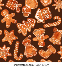 Seamless pattern of watercolor Christmas gingerbread cookies. Vector illustration