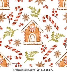 Seamless pattern watercolor Christmas gingerbread house cookies, red holly berries, anise, candy can