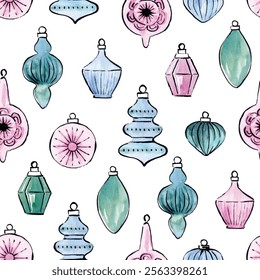 Seamless pattern with watercolor Christmas ornaments in various shapes and colors on white background. Holiday decoration design for wrapping paper and textiles