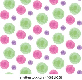 Seamless Pattern with Watercolor Circles on White. Watercolor Pink, Green and Purple spots isolated on white background.