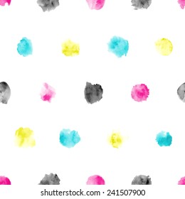 Seamless pattern of watercolor circles. Various hand-drawn CMYK elements on white background.