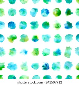 Seamless pattern of watercolor circles. Various hand-drawn blue and green elements on white background.