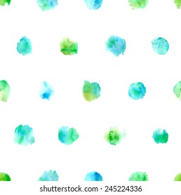Seamless pattern of watercolor circles. Various hand-drawn blue and green elements on white background.