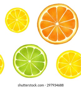 Seamless pattern of watercolor citrus fruits: orange, lemon and lime.