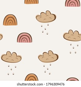 Seamless pattern with watercolor clouds and rain of hearts. Vector illustration.