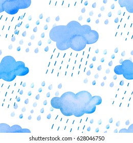 Seamless pattern with watercolor clouds and rain