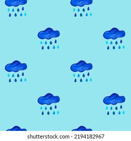 Patrón sin foco con nubes de acuarela y gotas de agua. Lluvia. Para imprimir papel envolvente, papel pintado, embalaje, tela. Ilustración vectorial dibujada a mano.