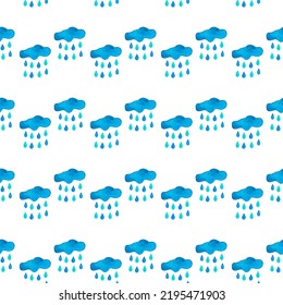 Seamless Pattern with watercolor clouds and water drops. Rain. For printing wrapping paper, wallpaper, packaging, fabric. Hand Drawn vector illustration.