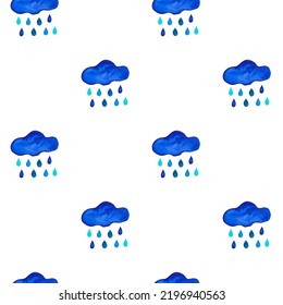Seamless Pattern with watercolor clouds and water drops. Rain. For printing wrapping paper, wallpaper, packaging, fabric. Hand Drawn vector illustration.