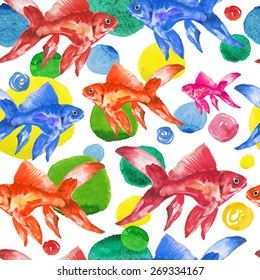 Seamless pattern watercolor colorful fish and drops. Isolated fish and colored drops on a white background.