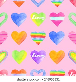 Seamless pattern watercolor colorful hearts, valentine's day, paper, textile, fabric, wrapper, wallpaper,vector