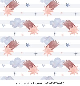 Seamless pattern with watercolor comet and star. Cute childish wallpaper. Vector background in pastel colors