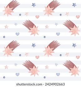 Seamless pattern with watercolor comet and star. Cute childish wallpaper. Vector background in pastel colors