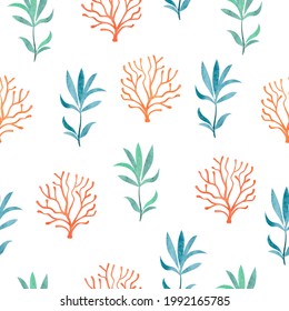 Seamless pattern with watercolor corals and seaweeds. Underwater algae.