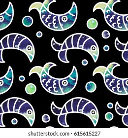 Seamless pattern with watercolor cosmic fishes, vector illustration