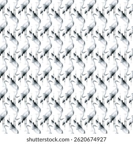Seamless Pattern of Watercolor Cranes in Black and White Design
